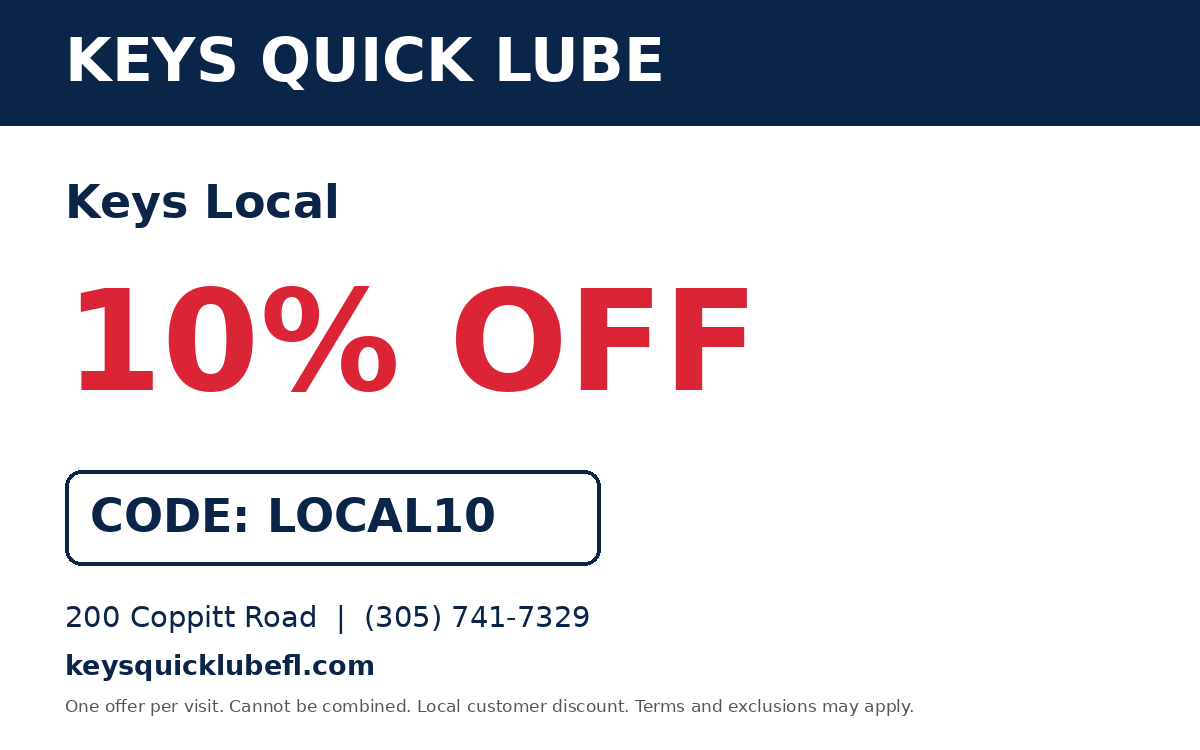 Keys Quick Lube Keys Local coupon 10% OFF, code LOCAL10